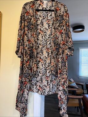 Lucky Brand Black Floral-Print Open Kimono with Rust & Cream Accents